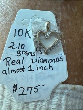 10K Yellow Gold Heart Pendant with Real Diamonds stamped acid tested Necklace